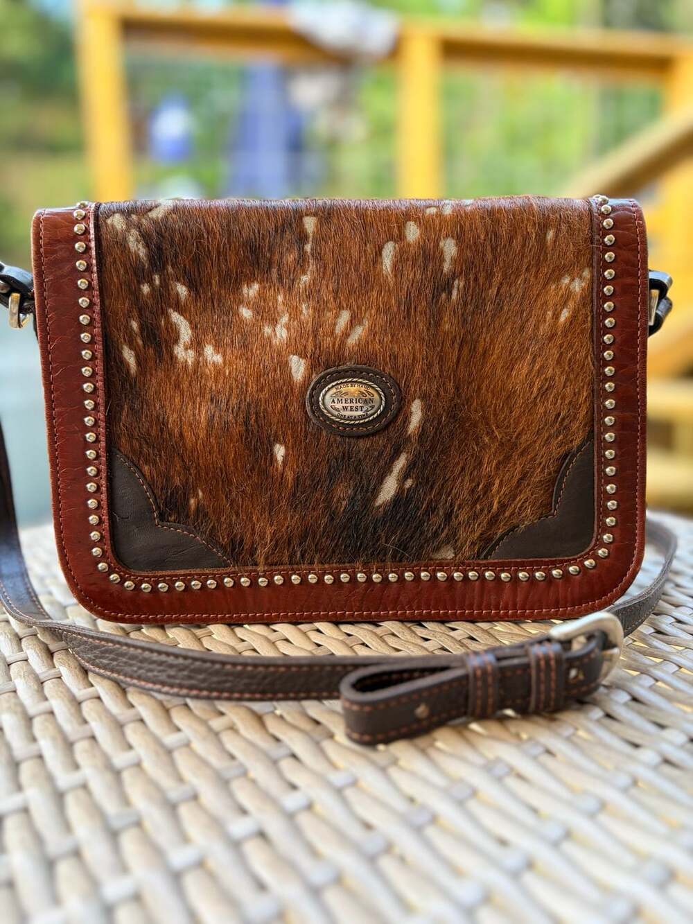 American West Hair-On Cowhide & Brown Leather Studded Crossbody Bag